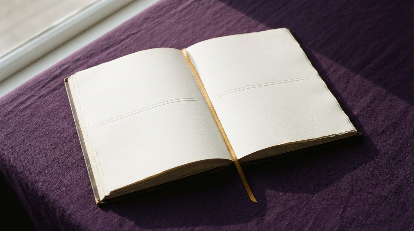 A cream ledger book on grape linen, tied with a gold ribbon.